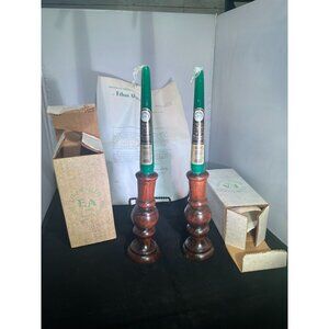 Vintage Ethan Allen Wood Candle Holder With Green Tudor Candle In Original Box